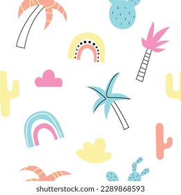 Palmeras coloridas, arcoíris, nubes y cactus son un patrón sin fisuras para las vacaciones de verano. Patrón veraniego sin inconvenientes de estilo moderno.
