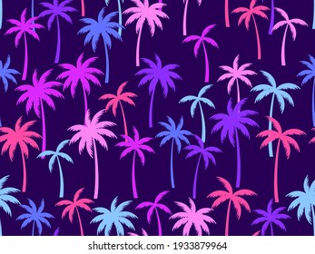 Colorful palm trees seamless pattern. Vintage tropical wallpaper. Design for poster, travel banner and wrapping. Vector illustration