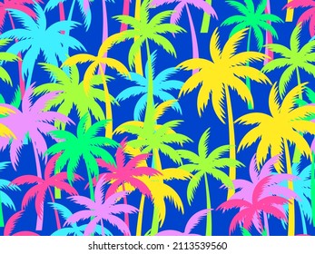 Colorful palm trees seamless pattern. Tropical jungle pop art style, exotic background for advertising, postcards, poster and banner. Vector illustration