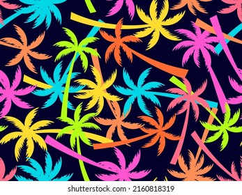 Colorful palm trees seamless pattern. Summer time, wallpaper with tropical pattern. Design for printing t-shirts, banners and promotional items. Vector illustration