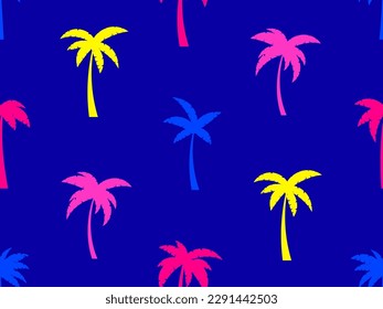 Las palmeras de colores se caracterizan por un patrón impecable. Tiempo de verano, fondo de pantalla con patrón tropical. Diseño para imprimir camisetas, pancartas y artículos promocionales. Ilustración del vector