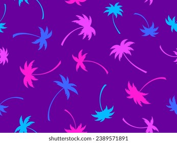 Colorful palm trees seamless pattern. Summer time, wallpaper with tropical palm trees pattern, pink and blue colors. Design for printing t-shirts, banners and promotional items. Vector illustration