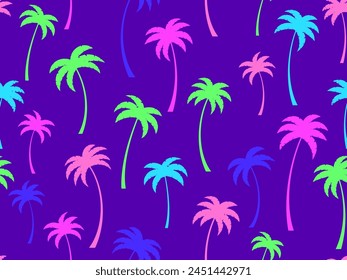 Palmeras de colores con patrón transparente. Tiempo de verano, Fondo de pantalla con palmeras tropicales sobre fondo púrpura. Diseño para imprimir camisetas, Anuncios y artículos promocionales. Ilustración vectorial