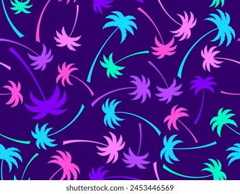 Colorful palm trees seamless pattern. Summer time, wallpaper with tropical palm trees on purple background. Design for printing t-shirts, banners and promotional items. Vector illustration