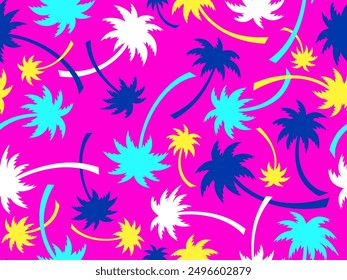 Colorful palm trees seamless pattern. Summer time, wallpaper with tropical palm trees on purple background. Design for printing t-shirts, banners and promotional items. Vector illustration