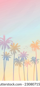 Colorful palm trees with surrealistic sky background vertical vector illustration. Summer traveling and party at the beach pastel colors concept flat design with blank space.