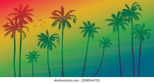 Colorful palm trees with surrealistic sky background vector illustration. Summer traveling and party at the beach vivid colors concept flat design.