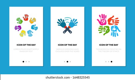 Juego de iconos planos de palmas coloridas. Amistad, abierto, saludar el conjunto de signos vectoriales aislados. Concepto de impresión y comunicación. Elementos de símbolo de ilustración vectorial para diseño web y aplicaciones