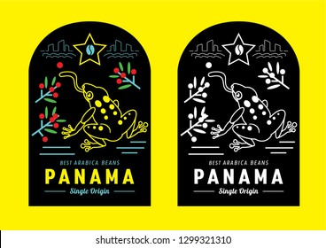 colorful Panama coffee label design with golden frog vector illustration