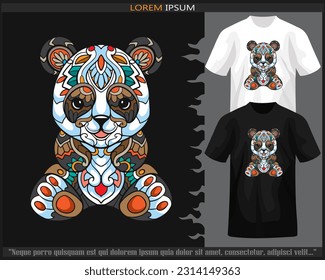 Colorful panda baby mandala arts isolated on black and white t shirt.