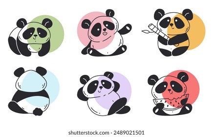 Colorido panda lindo Vector animal oso ilustración sobre fondo blanco conjunto aislado dibujando a mano caracteres de estilo. Vector caricatura elemento de Diseño gráfico