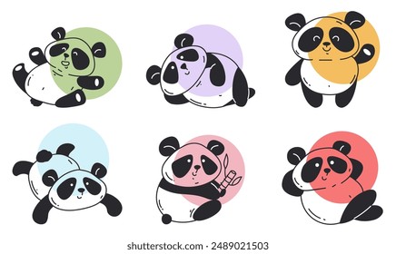 Colorful panda cute vector animal bear illustration on white background isolated set hand drawing style characters. Vector cartoon graphic design element
