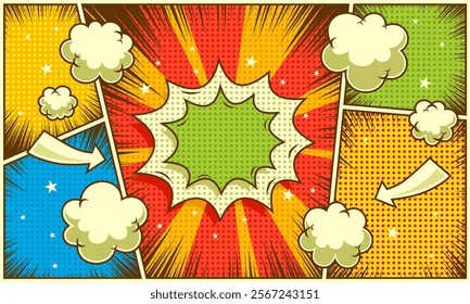 Colorful panel comic with blank speech bubble and cloud