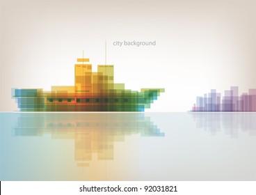 Colorful panorama - abstract background with sea ship and city