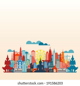 Colorful panorama asia city and building, illustration vector Bangkok city