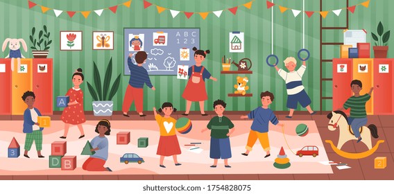 Colorful panorama banner of diverse kids in Kindergarten class happily pursuing a variety of activities in the classroom, colored vector illustration