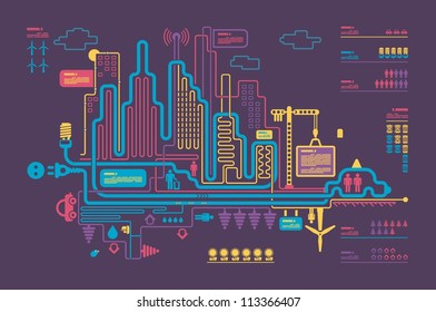 Colorful panorama city, vector background, city info graphics