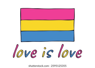 Colorful Pansexual pride flag Happy pride day LGBTQ community Pride Month Vector hand drawn doodle for posters, stickers, logo, cards