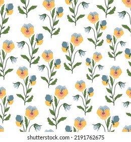 Colorful pansy flower, violet, viola vector seamless pattern. Blue, yellow, purple plants texture. Botanical design for fashion, fabric, web, wallpaper