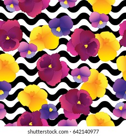 Colorful pansy flowers on black waves seamless pattern. Vector illustration.
