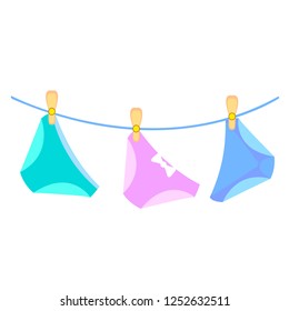 Colorful panties hanging on the rope. Gentle underwear. Vector illustration