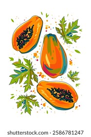 Colorful papaya with leaves and drops on white background. Bright card with whole and halves of fruit. Cartoon style. Art print for cards, walls, banners, packaging, covers, etc. Vector isolated