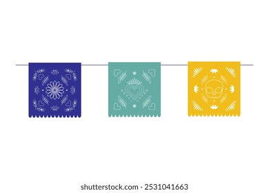 Bunte Papel Picado Banner in Gelb, Grün, Blau mit Blumen, Schädeln und Herzen