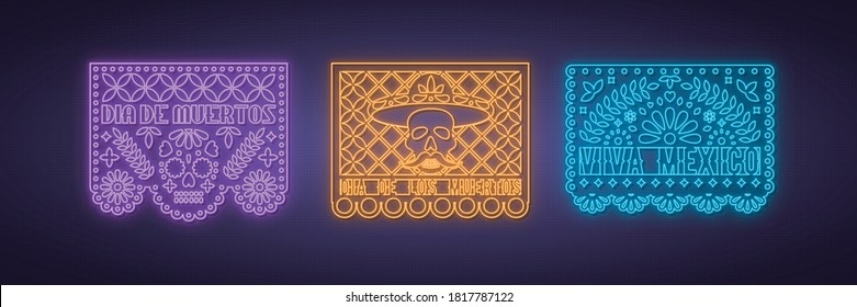 Colorful papel picado collection in neon style. Vector design template for Dia de los Muertos (Day of the dead). Mexican traditional decorations.