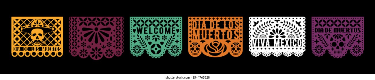 Colorful papel picado collection. Vector design template for Dia de los Muertos. Paper garland.