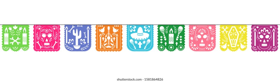 Colorful papel picado garland for Dia de los muertos holiday celebration - Mexico symbols on square paper cut outs isolated on white background, flat vector illustration.