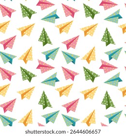 Colorful paper airplane seamless pattern on white background 