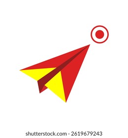 Colorful paper airplane soaring towards a target in a creative design setting