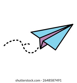 Papel colorido Airplane Vetor ilustração voando Origami plano com trilha pontilhada no fundo branco