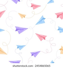 Colorful paper airplanes pattern. Vector doodle illustration with watercolor planes