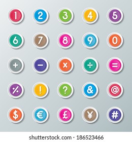 colorful paper alphabet buttons with alphabet numbers and symbols. vector.