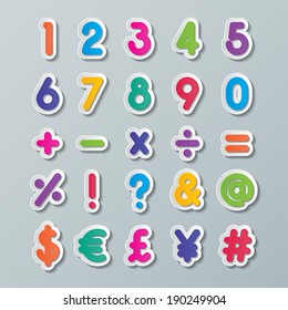 colorful paper alphabet numbers and symbols . vector.