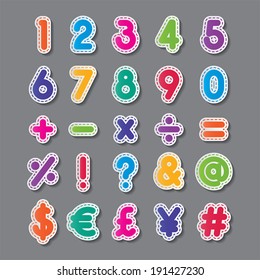 colorful paper alphabet numbers and symbols . vector.