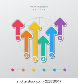 colorful paper arrow with 1-6 number buttons infographics in flat style. vector.