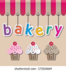 colorful paper bakery signs on brown background and awning. vector.