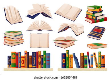 Colorful paper books collection. Vector flat cartoon illustration. Isolated learning and education icons set. Open and closed books on bookshelf. Library or bookstore multicolor design elements.