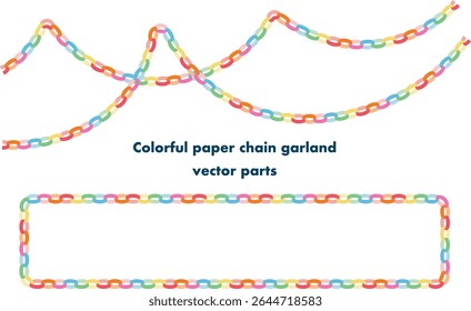 Colorful paper chain garland vector set for party decoration, featuring festive rainbow-colored loops and curved hanging chains isolated