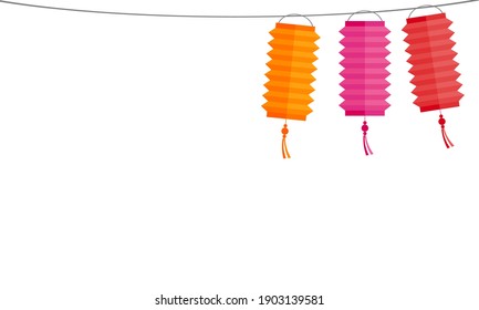 Colorful paper Chinese lanterns hanging on the rope. Traditional defying Chinese New Year celebrating. There’s a copy space for your text.