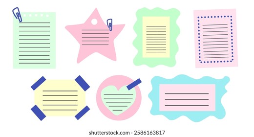 Colorful paper with paper clip and adhesive tape. Set of note sheet, sticky note, notebook page, tags, torn piece of paper. Templates for note message. Vector illustration. Isolated background.