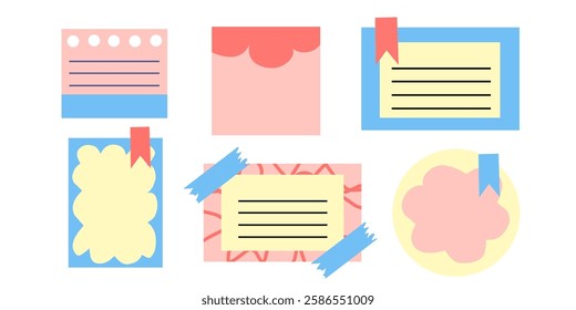 Colorful paper with paper clip and adhesive tape. Set of note sheet, sticky note, notebook page, tags, torn piece of paper. Templates for note message. Vector illustration. Isolated background.