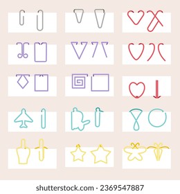 Colorful Paper clip icons set on white paper. Office paper clips in different forms of paper clip office equipment illustration