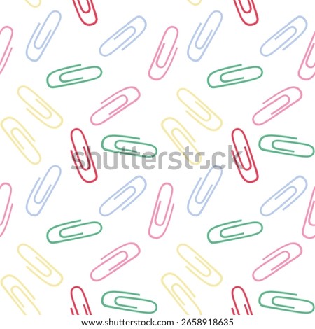 Colorful paper clip pattern with doodle style on white background. Playful and vibrant design.