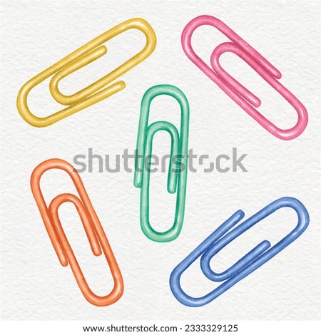 Colorful paper clips vector set in watercolor style, office stationery and supplies
