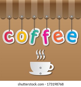 colorful paper coffee signs on brown background and awning. vector.