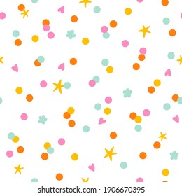 Colorful paper confetti with stars, flowers and hearts, vector seamless pattern on white background