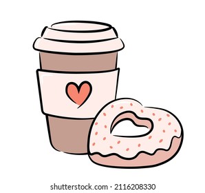 Colorful paper cup for drinks with a heart. A simple drawing of a donut in the form of a heart with icing and sprinkles.